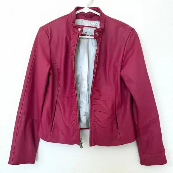 Wilsons Leather Maxima Genuine Leather Jacket Berry Red Moto Style M - Picture 3 of 8